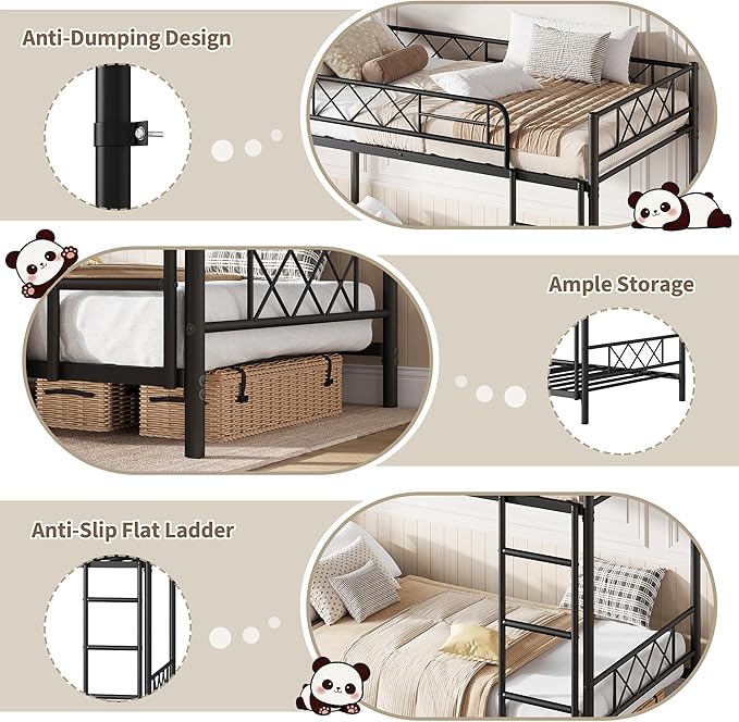 Garvee Bunk Bed Twin Over Twin for Adults & Teens, Heavy Duty 2-Tier Bed with Stairs, Full-Length Guardrail & Metal Slats, No Box Spring Required, Space Saving, Matte Black