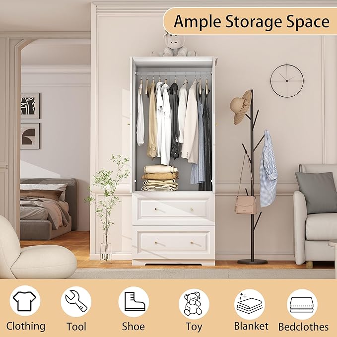 Bedroom Armoire Wardrobe Closet with Drawers: White Wardrobe Closet for Hanging Clothes, Large Wardrobes Storage Closets, Wood Closets Cabinets with Doors and Shelves (White, 31.5")