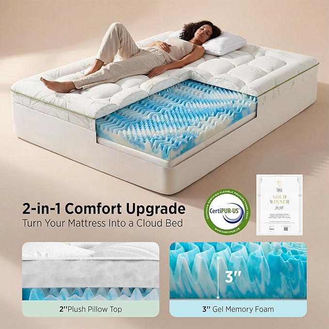 Bedsure Dual-Layer 5 Inch Twin Memory Foam Mattress Topper, 3 Inch Memory Foam + 2 Inch Viscose Made from Bamboo Mattress Topper Pad Cover, Flippable Memory Foam with Dual Comfort, White