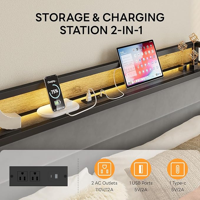 LIKIMIO California King Bed Frame with Storage Headboard & LED Lights, Metal Platform Bed with Charging Station, Noise Free, No Box Spring Needed, Under Bed Storage, Charcoal Gray