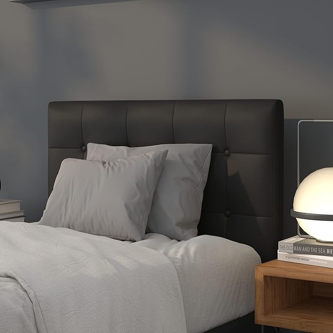 Flash Furniture Lennox Adjustable Height Button Tufted and Box Stitch Upholstered Twin Size Headboard in Black Vinyl