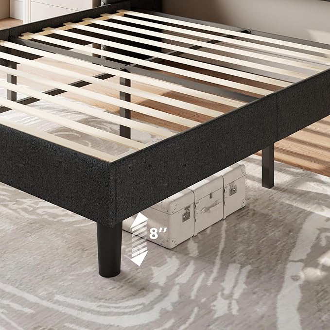 Feonase Queen Bed Frame with Luxury Wingback and Fast Charging Station,Upholstered Button Tufted Storage Headboard Queen Platform Bed,Sturdy Wooden Slats Support,Noise-Free,Easy Assembly,Dark Gray