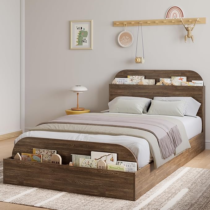 GarveeHome Twin XL Size Bed Frame, Wooden Beds with Storage Headboard and Raised-Foodboard, Twin XL-Floor Low Platform Bed for Bedroom, Sturdy Wooden Slats Support, No Box Spring Needed, Walnut