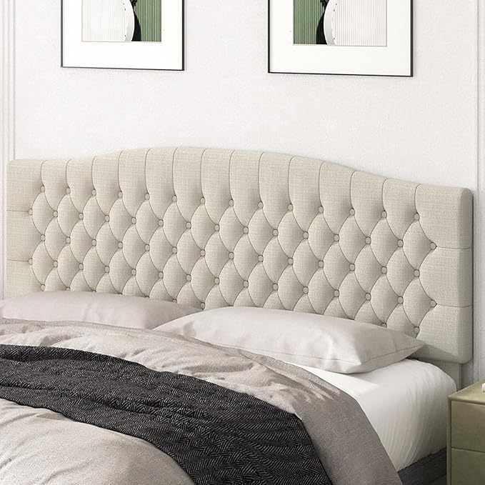 Befurtori Linen Upholstered Headboard King Size, Tufted King Headboard for King/California King Adjustable Bed, Curved Integrated Design with Tufted Solid Wood Head Board (Light Cream)