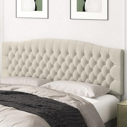 Befurtori Linen Upholstered Headboard King Size, Tufted King Headboard for King/California King Adjustable Bed, Curved Integrated Design with Tufted Solid Wood Head Board (Light Cream)