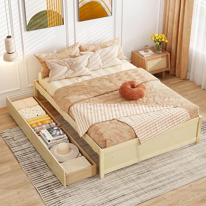 Giantex Full Size Bed Frame with 2 Storage Drawers, Solid Wood Platform Bed with Slats Support, Heavy Duty Daybed with Storage, No Box Spring Needed, Full Bed Frames for Teens Adults, Natural