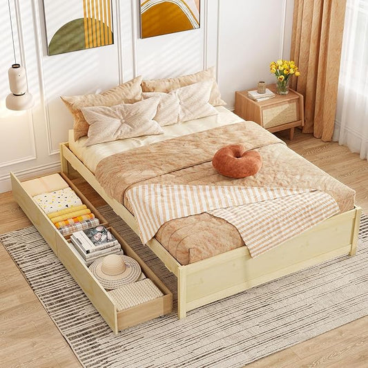 Giantex Full Size Bed Frame with 2 Storage Drawers, Solid Wood Platform Bed with Slats Support, Heavy Duty Daybed with Storage, No Box Spring Needed, Full Bed Frames for Teens Adults, Natural