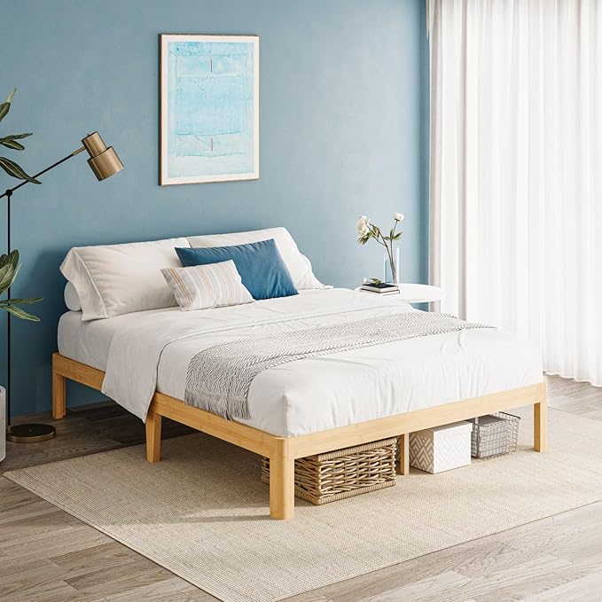 12 Inch High Bamboo Wood Full Size Bed Frame, Metal Slats Support Bed Frames Full, Reinforced, Noise Free, No Box Spring Needed, Easy Assembly