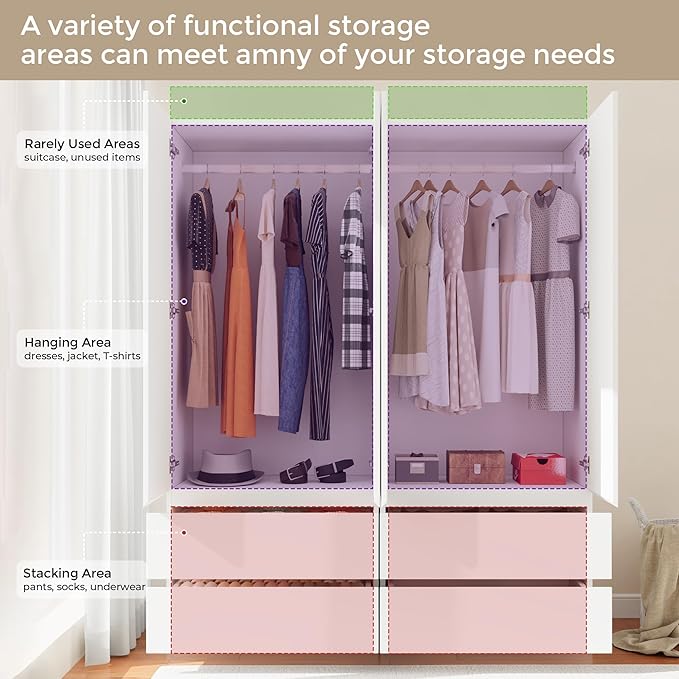 Armoire Wardrobe Closet with 4 Doors, Wooden Wardrobe Cabinet with 4 Drawers, Hanging Rod & Shelves, Freestanding Closets for Bedroom (White, 2)