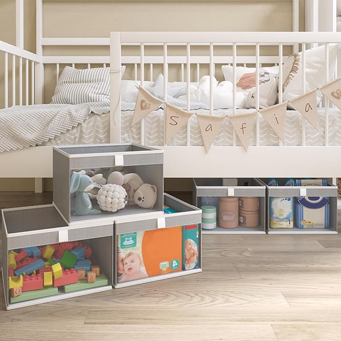 Linen Closet Organizers and Storage, Closet Storage Bins Basket Organizer, Foldable Organization Baskets with Mesh Window for Clothes Towels and Toys, 10.75" x 10.75" x 7.5", Gray, 2 pack