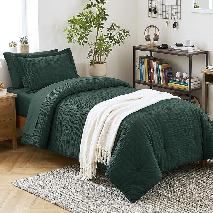 CozyLux Twin XL Comforter Set with Sheets Seersucker Forest Green 5 Pieces Bed in a Bag, Twin Extra Long Luxury Bedding Sets for College Dorm with Down Alternative Comforter, Sheets, Pillowcase & Sham