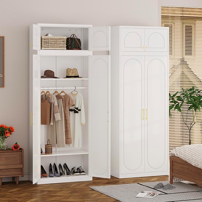 Metal Armoire Wardrobe Closet with Doors, 86" Tall Wardrobe Cabinet with Hanging Rod and Adjustable Shelves, White Clothing Storage Cabinets for Bedroom, Home Office