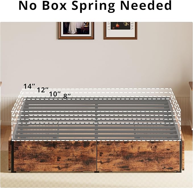 LIKIMIO Queen Bed Frame with Storage, 4 Drawers and Heavy Strong Metal Support Frames, Solid Stable, No Box Spring Needed, Noise-Free, Easy Assembly, Industrial Brown