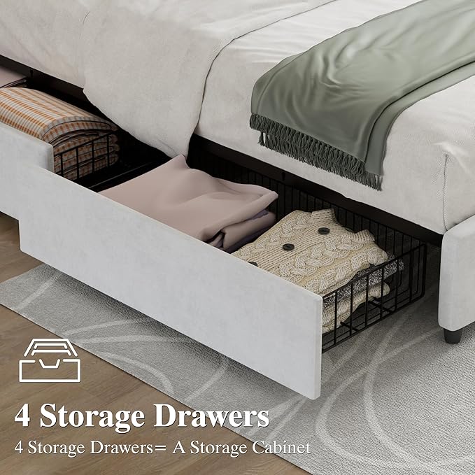 VECELO Queen Size Bed Frame with 4 Storage Drawers, Adjustable Height Headboard, Heavy-Duty Platform Bedframe with Strong Wooden Slats, No Box Spring Needed, Pure White