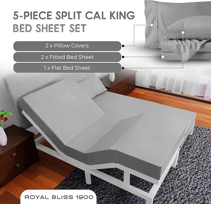 California King Sheets - 5 Pcs Set - Adjustable Bed Sheets (Silver)