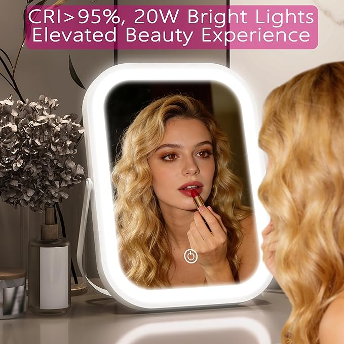PRIMETEK Travel Makeup Mirror with Lights, Portable Small Beauty LED Vanity Mirror with Lights, 1200mAh Battery, Dimmable Touch Screen, Tabletop Folding Compact Mirror,Women Gift