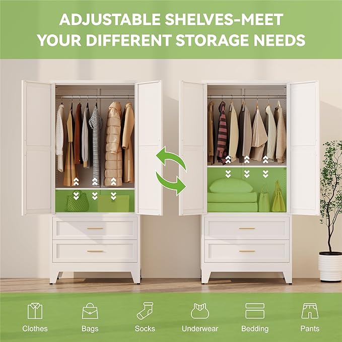 Baborokic Metal Wardrobe Cabinet with Hanging Rod,71" Armoire Wardrobe Closet with 2 Drawers,Farmhouse Bedroom Armoire,Storage Cabinets with Door and Shelves for Bedroom,Laundry Room(White)
