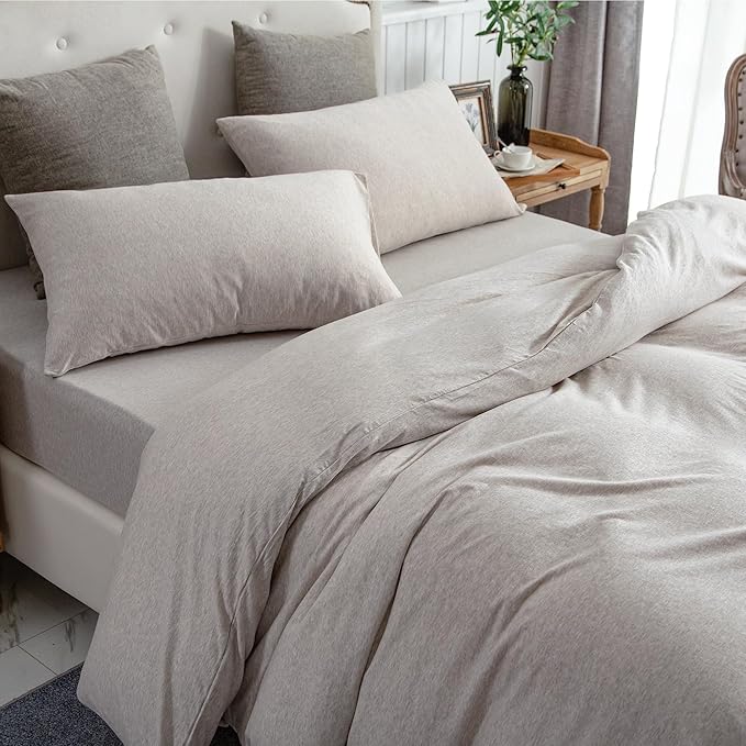 PURE ERA Jersey Knit Duvet Cover Set 100% T-Shirt Cotton Super Soft Comfy 3pc Bedding Set with Zipper Closure (Heather Beige, Oversized King)