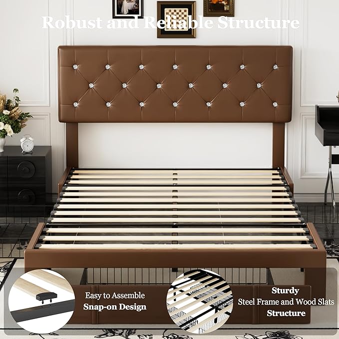 VECELO Queen Size Bed Frame with 3 Storage Drawers, Leather Upholstered with Diamond Tufted Headboard, Solid Wood Slat Support & Steel Framework, PU & Brown