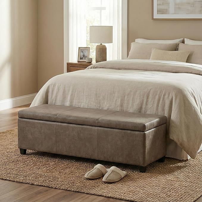 SIMPLIHOME Avalon Storage Ottoman Bench - 48" Wide x 16" High Upholstered Vegan Leather Rectangular Lift-Top Ottoman in Distressed Smoky Grey Brown, Transitional Storage Bench with High-Density Foam