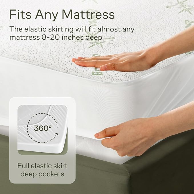 Side-Shield Waterproof Mattress Protector Twin - 6-21" Deep Pocket with Leak-Proof Edge Protection - Noiseless & Cooling Soft-Touch Viscose Made from Bamboo - Machine Washable (Green)