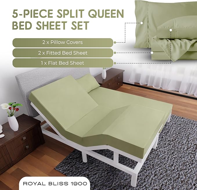 Split Queen Sheets - 5 Pcs Set for Adjustable Bed - Soft, Wrinkle-Resistant (Sage)