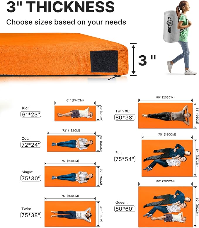 GAIALOOP 3 Inch Memory Foam Camping Mattress, Dual Layer Thick Sleeping Camp Pad for Car Tent Cot, Roll-Up Portable Glamping Floor Bed for Guests Sleepover
