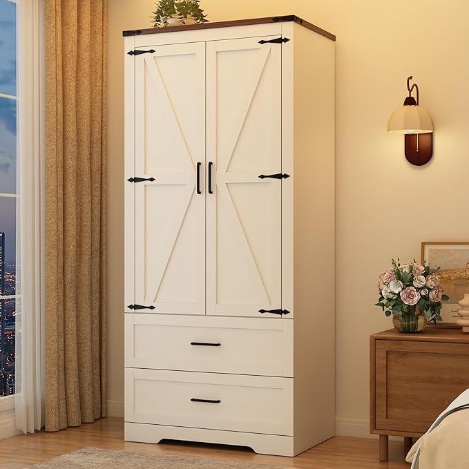 St.Mandyu Farmhouse Wardrobe Armoire Closet with 2 Doors and 2 Drawers, 70.1" Wooden Clothing Storage Cabinet, Freestanding Large Capacity Storage Wardrobe Armoire with Hanging Rod for Bedroom, White