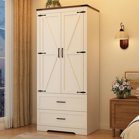 St.Mandyu Farmhouse Wardrobe Armoire Closet with 2 Doors and 2 Drawers, 70.1" Wooden Clothing Storage Cabinet, Freestanding Large Capacity Storage Wardrobe Armoire with Hanging Rod for Bedroom, White