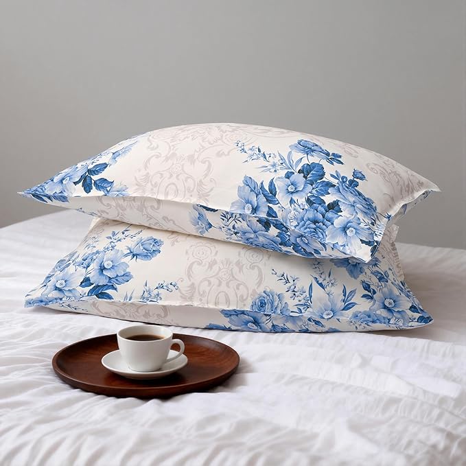 CHUFFED 100% French Linen Pillow Cases Porcelain Bloom Print, Farmhouse Floral Stone Washed Pillow Shams with Envelope Closure Soft Breathable Vintage Pillow Covers for Decor,20x30 inches