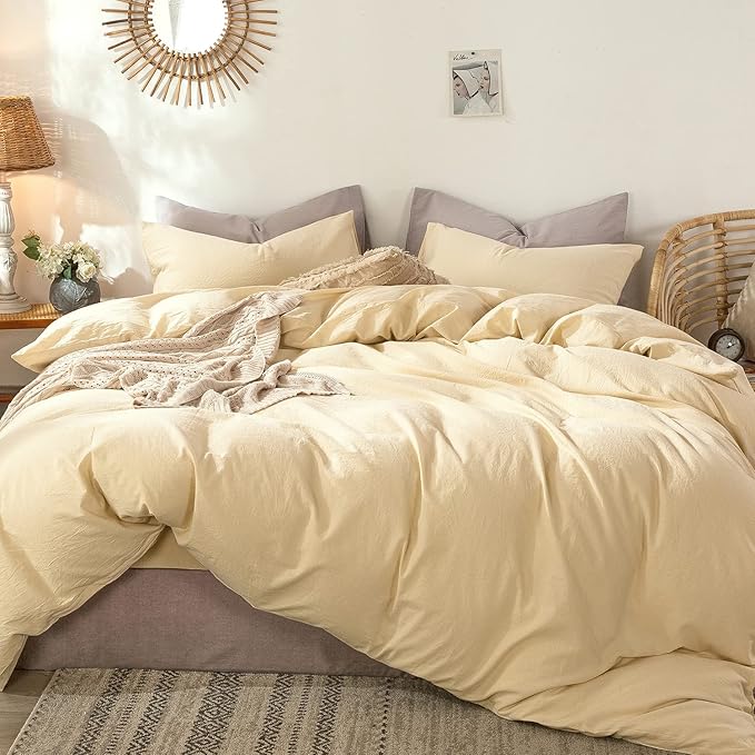 MooMee Bedding Duvet Cover Set 100% Washed Cotton Linen Like Textured Breathable Durable Soft Comfy (Heathered Light Yellow, Queen 90"x90")