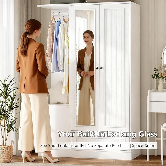 Feonase Armoire Wardrobe Closet with Mirror, Bedroom Armoires with 2 Doors, 1 Drawers and 3 Shelves, Large Clothing Storage Cabinet for Hanging Clothes, White