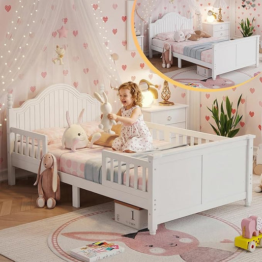 Twin Bed Frames for Kids with Rails,Wood Low Platform Beds with Headboard and Footboard,Montessori Bed Twin with Under Bed Storage for Boys Girls, No Box Spring Needed, White