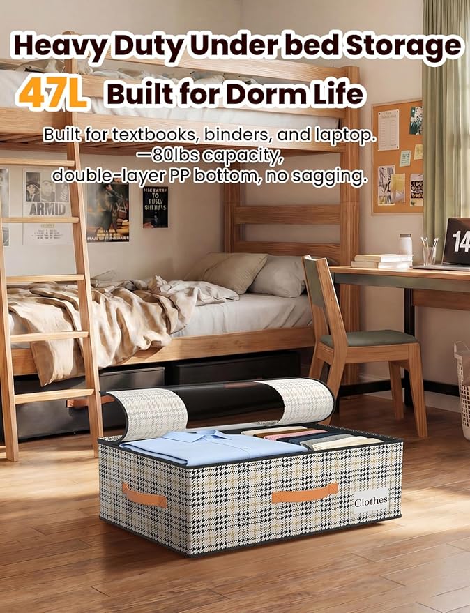 TOSKING 2-Pack Under Bed Storage Bins with Wheels, 4 Vacuum Bags, Heavy Duty 80 lbs, 7.9" Height, 47L Clear Lid Organizer, Space Saver for Dorm Bedroom Clothes Shoes Toys, Quick Assembly, Houndstooth