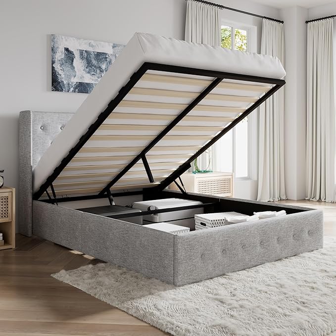 SHA CERLIN Full Size Lift Up Storage Bed Frame,Button Tufted Wingback Headboard,Upholstered Platform,Hydraulic Storage,Wooden Slat Support,No Box Spring,Light Grey