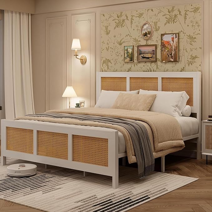 GarveeHome King Size Bed Frame with Headboard, Boho Rattan Bed Frame with Strong Metal Slat, Noise Free, No Box Spring Needed, White