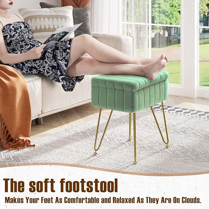 Greenstell Vanity Stool Chair Faux Fur with Storage, 15.7"L x 11.8"W x 19.4"H Soft Ottoman 4 Metal Legs with Anti-Slip Feet, Furry Padded Seat, Modern Multifunctional Chairs for Makeup, Bedroom,Green