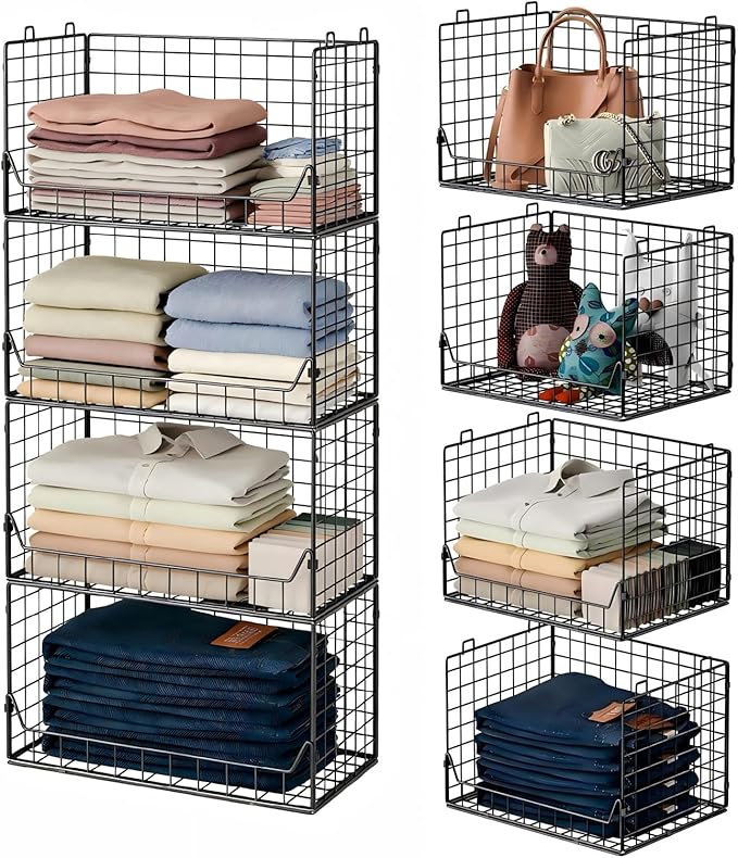 Jakyitvi 4-Tier Extra Height Stackable Closet Organizer – Foldable Storage Bins for Sweaters, Jeans, and Clothes – Sturdy Iron Mesh Shelves for Neat and Efficient Closet Storage – Black