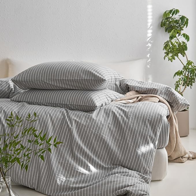 MooMee Striped Duvet Cover Set 100% Washed Cotton Linen Like Textured Breathable Durable Soft Comfy (Light Grey White Wide Stripes, King 104"x90")