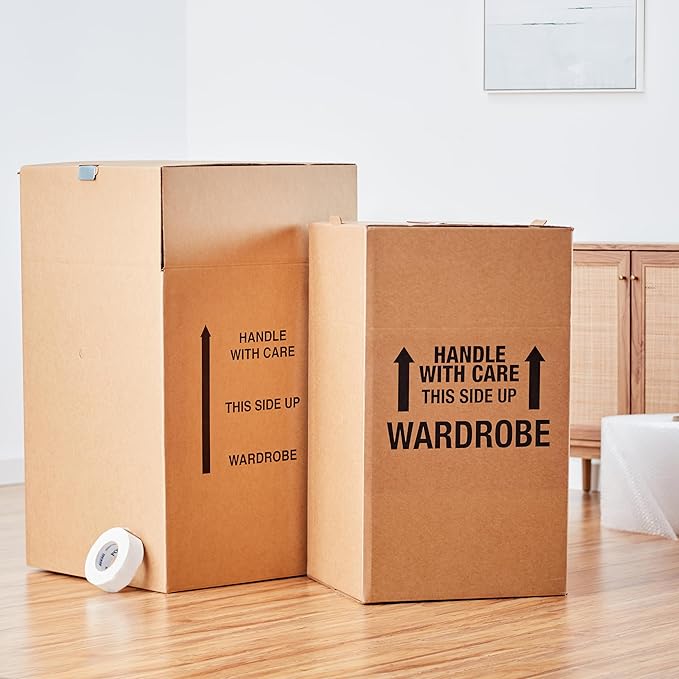 Amazon Basics Sturdy Wardrobe Moving Boxes with Hanger Bar for Packing Clothes, Easy to Assemble, 20" x 20" x 34", Brown, 6-Pack