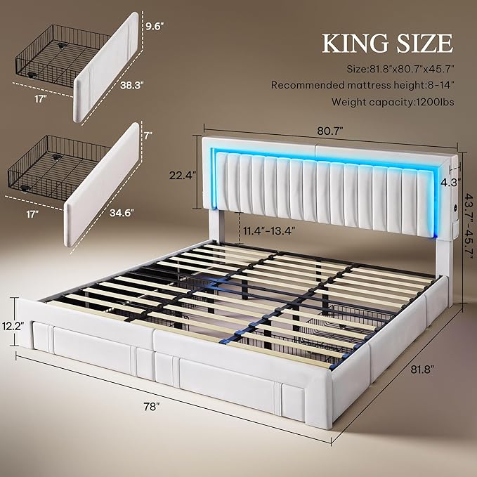 YITAHOME King Size Bed Frame with Velvet Vertical Tufted Upholstered Adjustable Headboard, 4 Storage Drawers, RGB LED Lights and USB Ports, No Box Spring Needed, Fast Assembly, Noise-Free, White