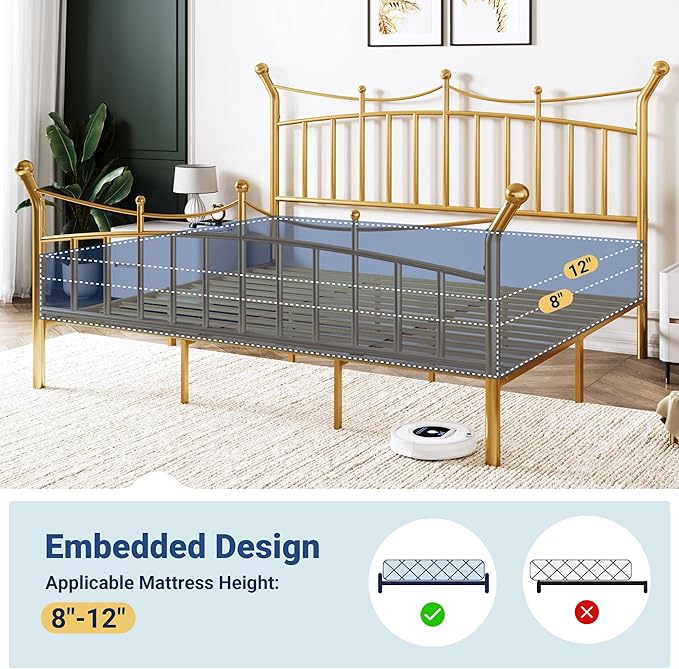 Allewie 14 Inches King Size Metal Platform Bed Frame with Elegant Crown Iron-Art Headboard & Footboard, Sturdy Mattress Foundation with Under-Bed Storage, Easy Assembly, No Box Spring Needed, Gold