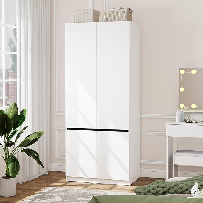 White Armoire Wardrobe Closet: 74" Large Wardrobe Closet with 4 Doors, Wood Closets Cabinet for Hanging Clothes, Freestanding Bedroom Armoires (63 in-4 Doors)
