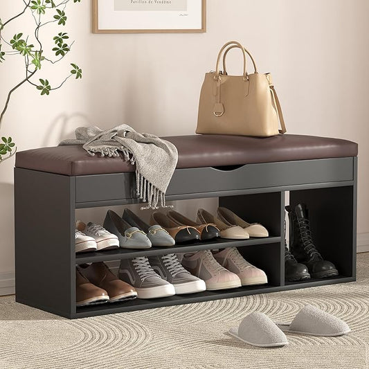 Apicizon 39 Inches Storage Bench with Padded Cushion, Shoe Bench with Storage Space, Upholstered Entryway Bench for Living Room, 2-Tier Shoe Rack Organizer, Black
