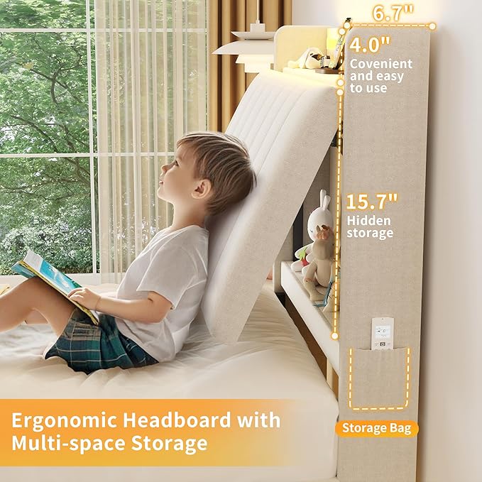 Twin Size Floating Bed Frame with Ergonomic Hidden Storage Headboard and LED Light,Visual Floating LED Bed Frame with Charing Station,Velvet Upholstered Platform Bed for Kid/Boy/Girl,Heavy Duty,White
