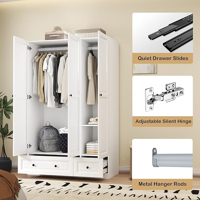 Armoire Wardrobe Closet with Drawers: 47" White Wardrobe Closet with 3 Doors and 2 Drawers, Wood Clothes Armoire with Hanging Rod, Clothing Storage Cabinet for Bedroom