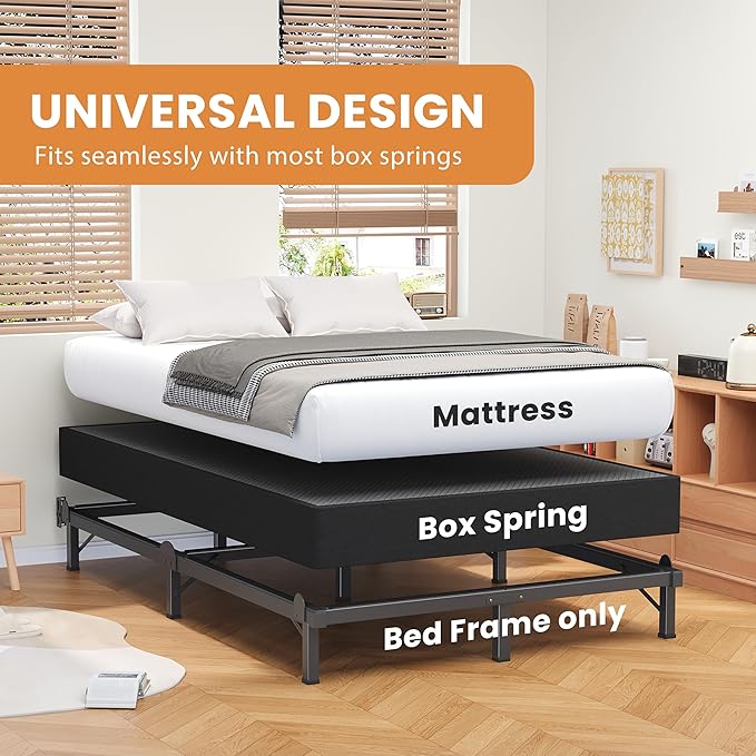 MAF Metal Bed Frame Full 8 Inches, 9-Legs Support Bed Base, Full Bed Frame for Box Spring and Mattress, Basics Bed Frame Headboard Attachable Tool-Free Easy Assembly, Black