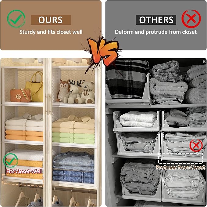 3 Pack Stackable Closet Organizers and Storage Basket, Closet Shelves with Wood Top Extra Storage, Multifunctional Clothes Organizer Bins/Cube Storage Drawer for Wardrobe Kitchen Laundry Room, White
