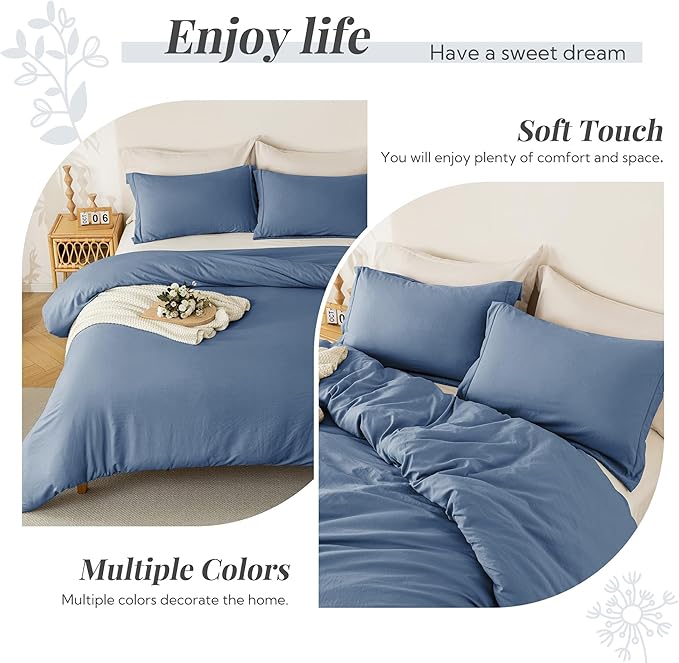 MILDLY Super Soft Duvet Cover - 100% Washed Microfiber Light Denim Comforter Cover Set 3 Pieces with Zipper Closure & Corner Ties (No Comforter)