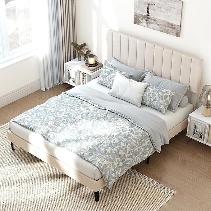 Giantex Queen Size Velvet Upholstered Bed Frame, Platform Bed with Height Adjustable Vertical Channel Headboard, Wooden Slats Support Mattress Foundation, No Box Spring Needed, Noise Free, Beige